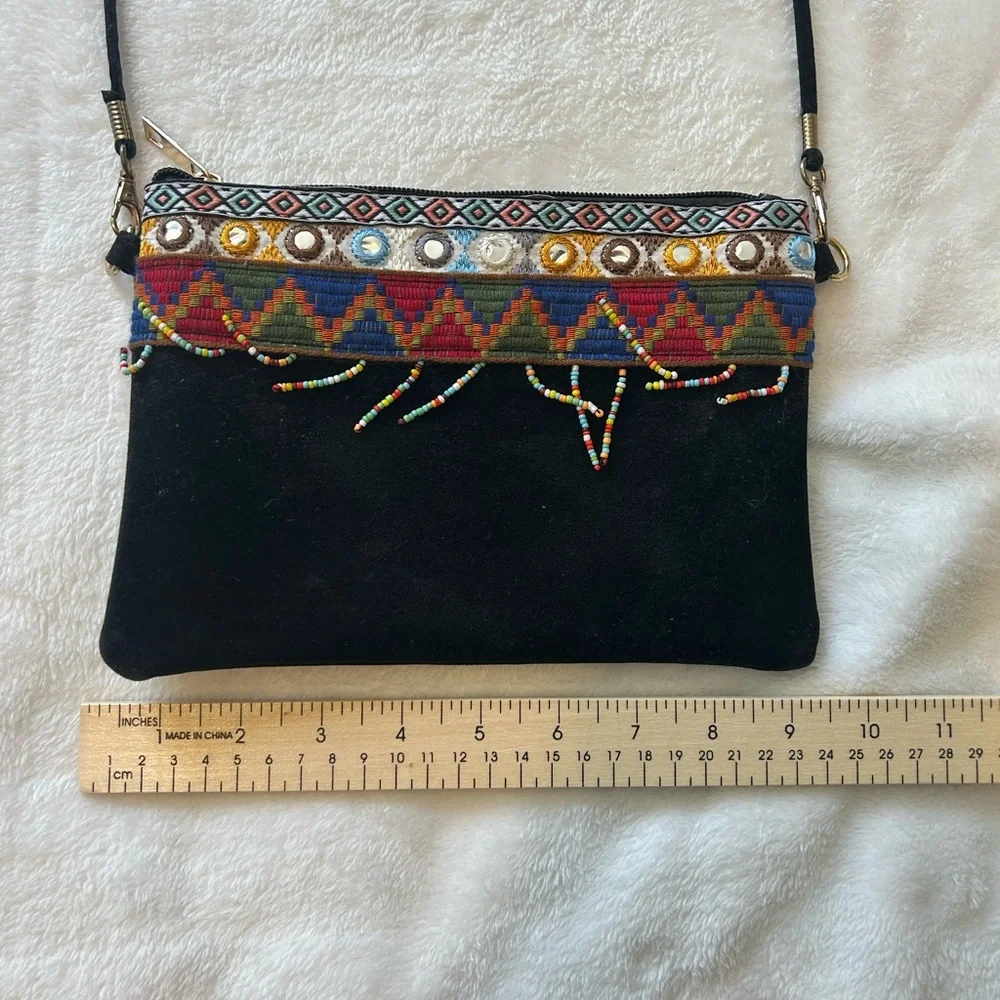 Boho Black Suede Crossbody Bag with Multicolor Beaded Trim - Picture 5 of 14